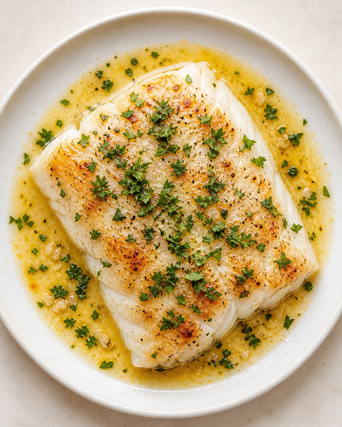Plated pan-seared white fish fillet in golden crust, drizzled with butter sauce and garnished with parsley.