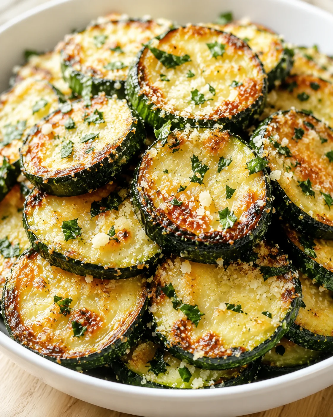 browned zucchini slices with melted cheese and parsley in a white bowl
