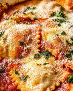 Close-up of a cheesy pizza with tomato sauce, grated parmesan, and chopped parsley.