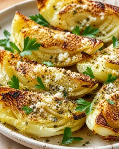 golden roasted potato wedges with parmesan and parsley on a plate