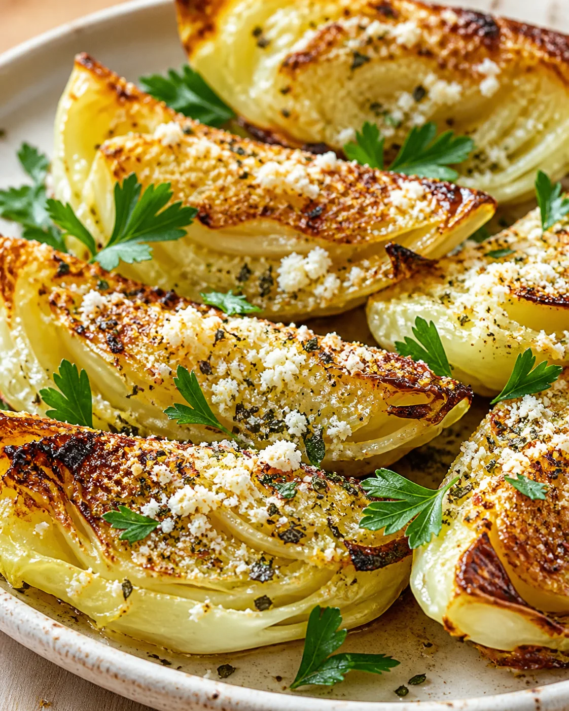 golden roasted potato wedges with parmesan and parsley on a plate