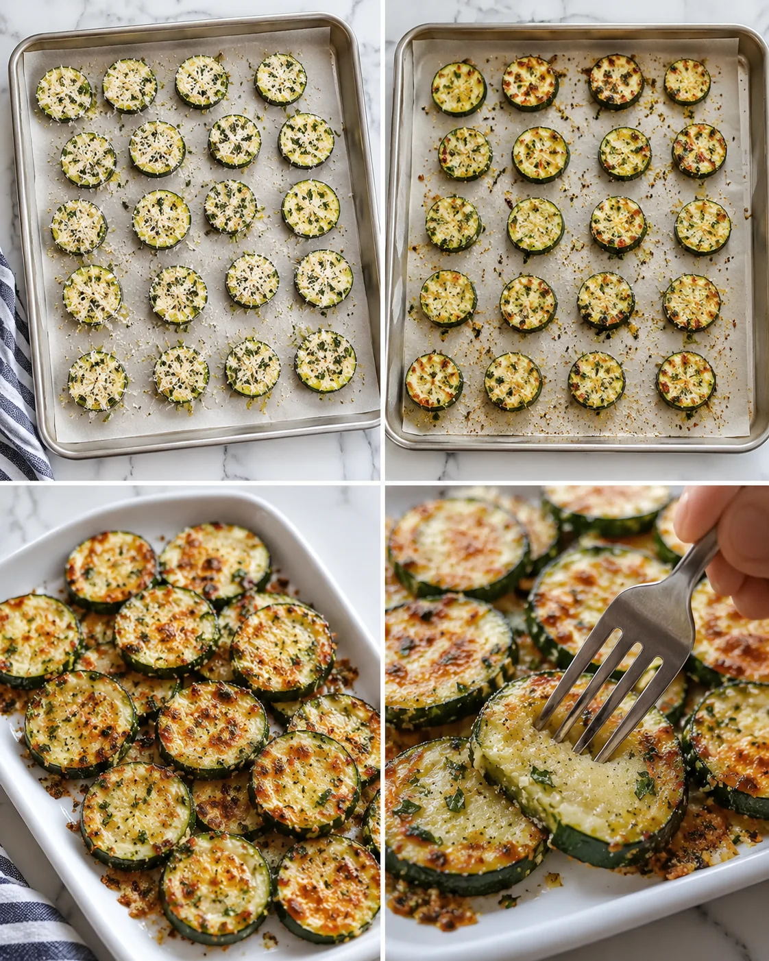 Zucchini rounds baked until golden, topped with cheese and herbs on a parchment-lined tray.