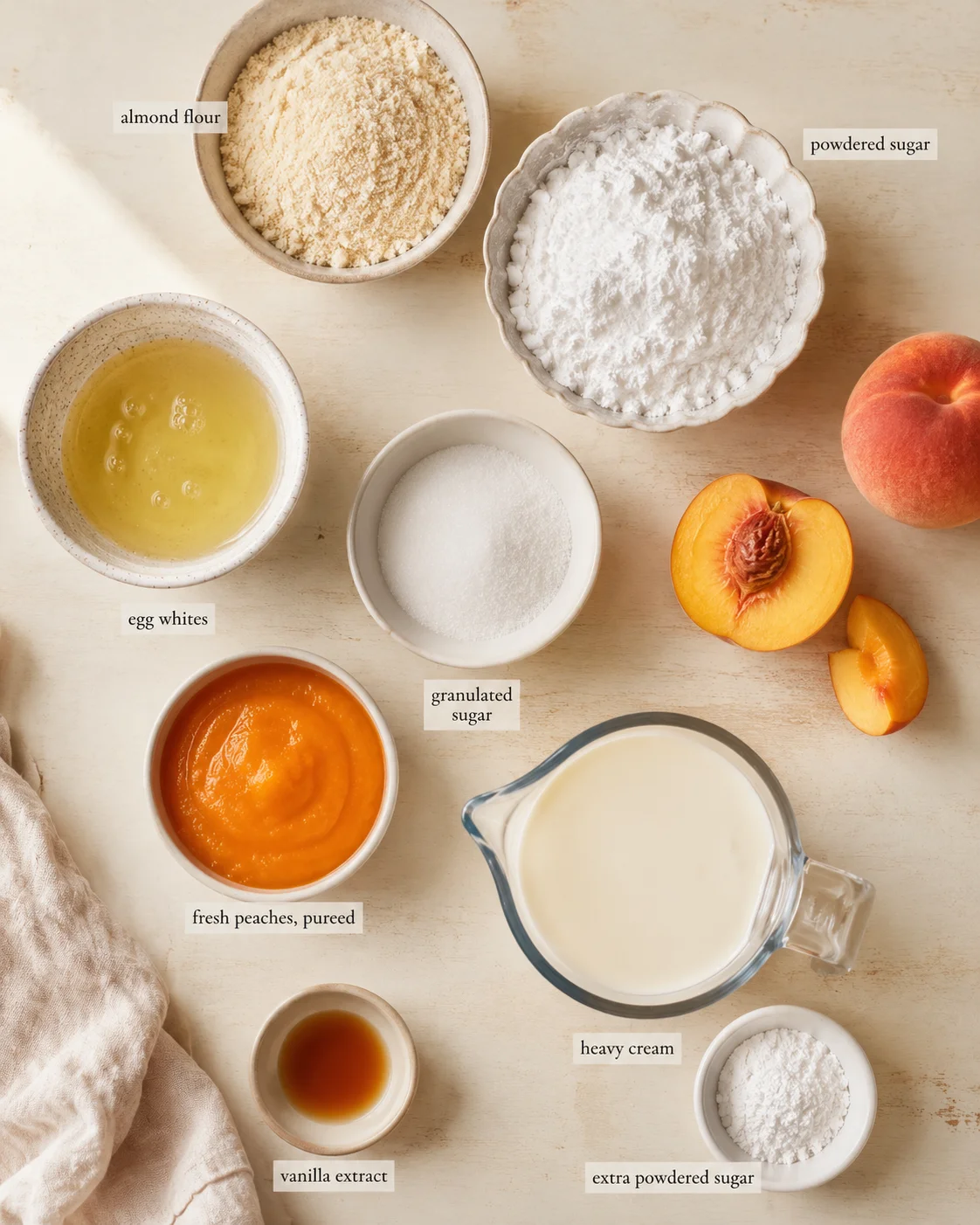 top-down view of peach-dessert ingredients arranged in labeled bowls on a light wooden surface