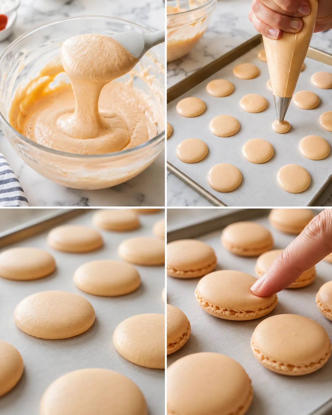 Four-panel collage of peach macarons in progress: batter being scooped, piping onto sheet, and shells on parchment.