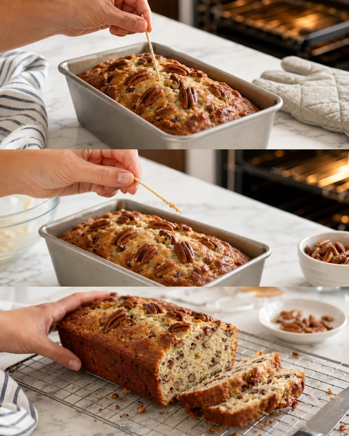 montage of pecan banana bread in progress: batter in loaf pan, toothpick test, then sliced loaf cooling