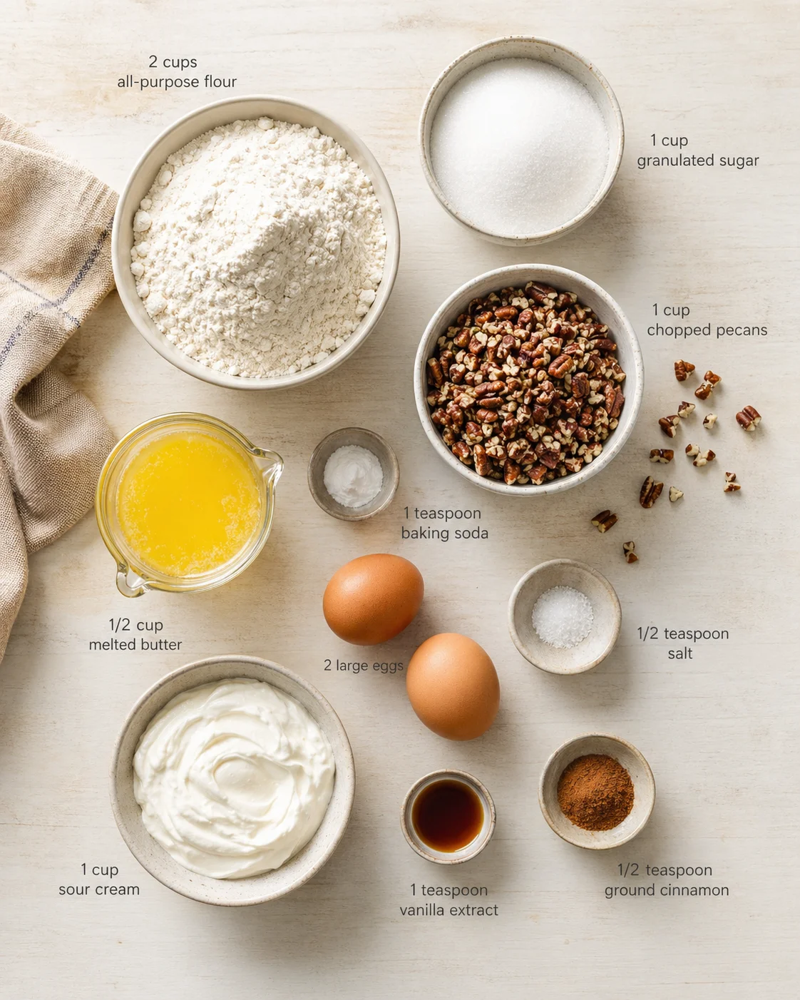 Overhead view of ingredients for a pecan cake: flour, sugar, pecans, eggs, sour cream, butter, and spices on pale wood.