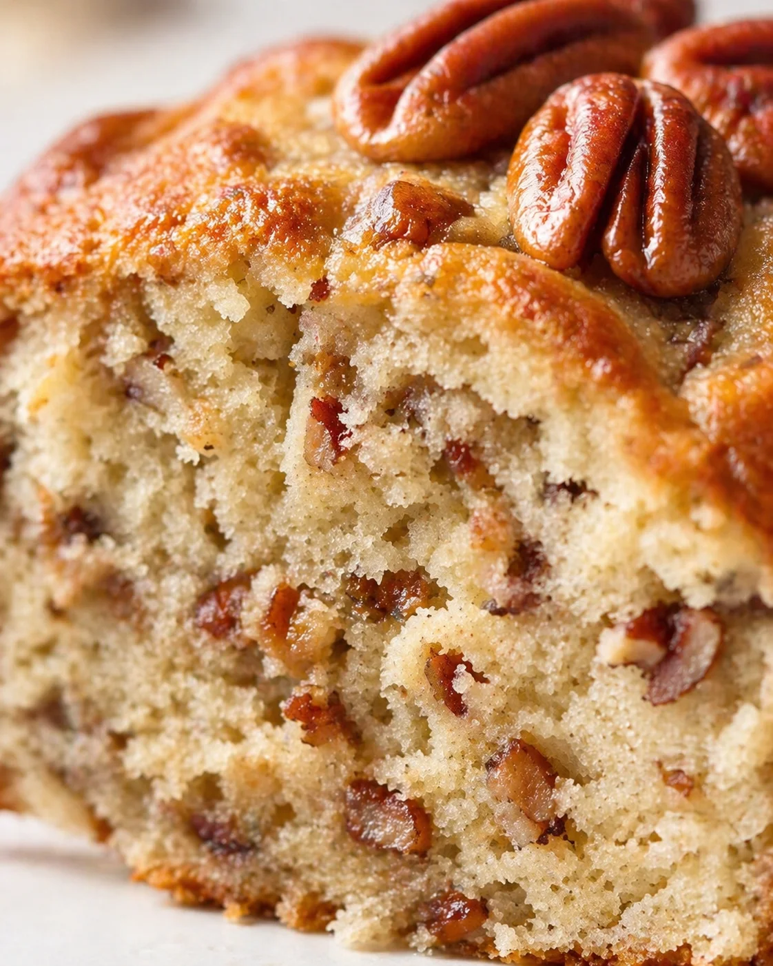 Close-up of a moist loaf cake with a golden crust and pecan halves on top.