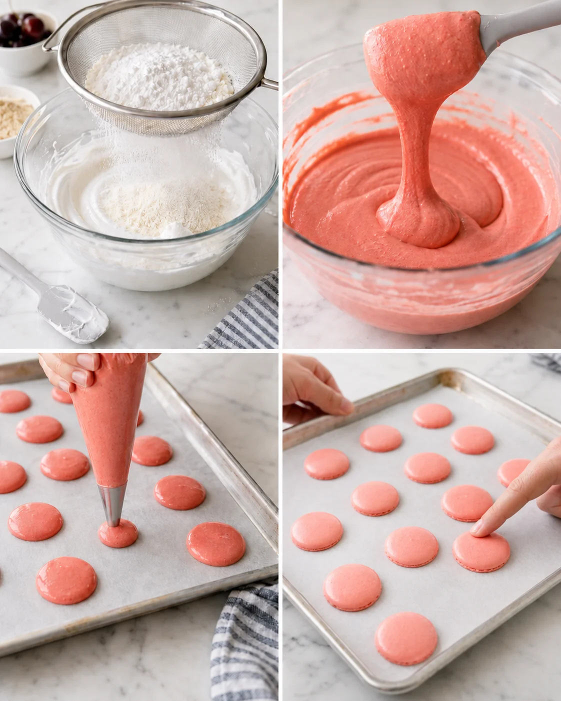 collage showing macaron-making stages: sifting ingredients, pink batter piping, and rounds on a baking sheet