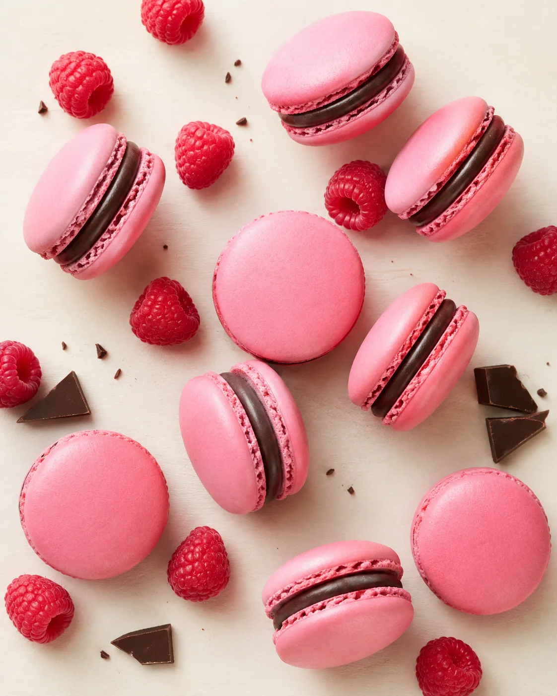 Pink macarons with chocolate filling scattered with raspberries on a light cream background