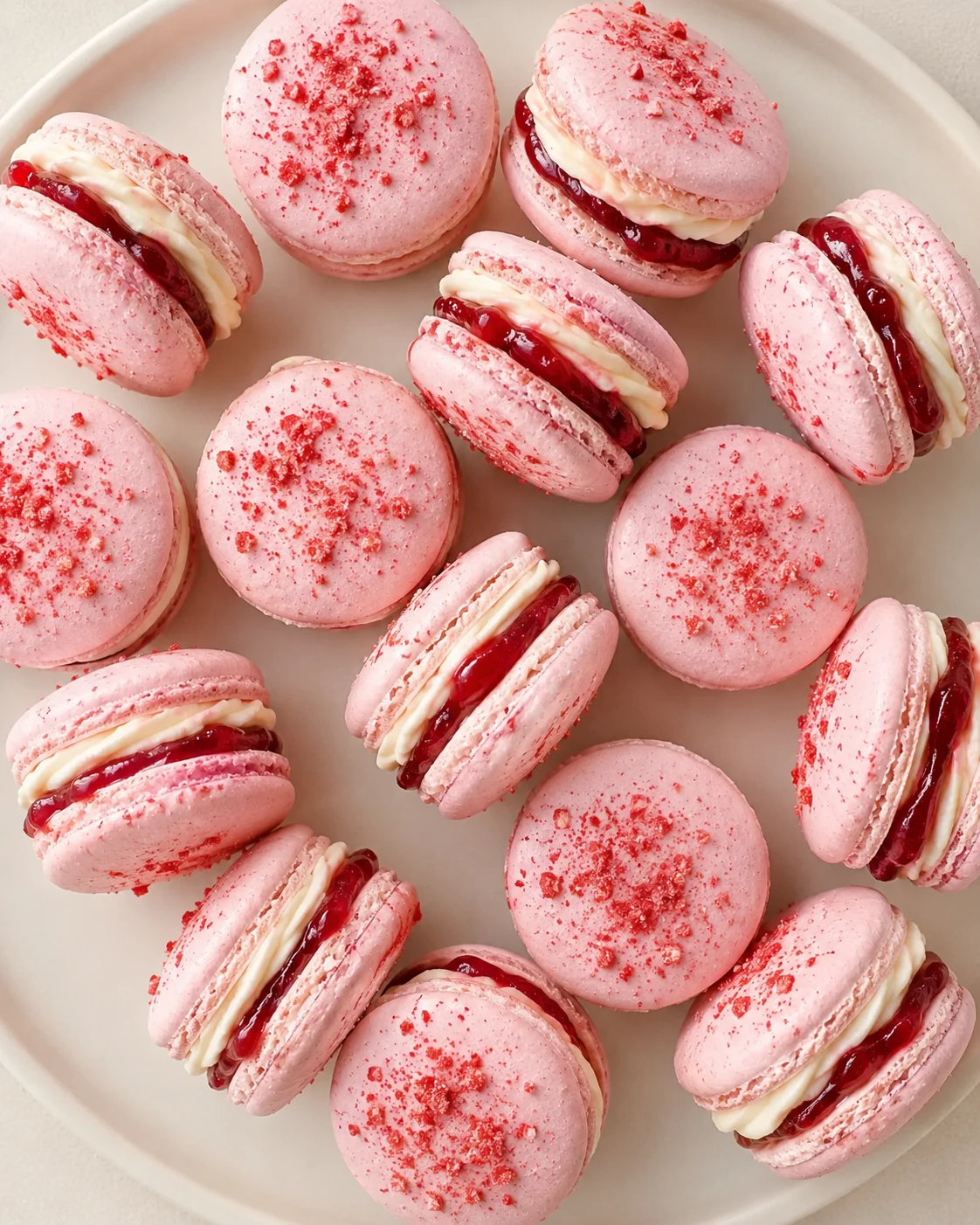 Assorted pink macarons with white cream and raspberry jam on a white plate.