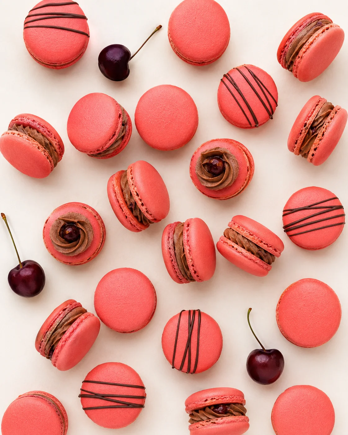 Flatlay of coral-pink macarons scattered with dark chocolate drizzle and cherries on a pale background.