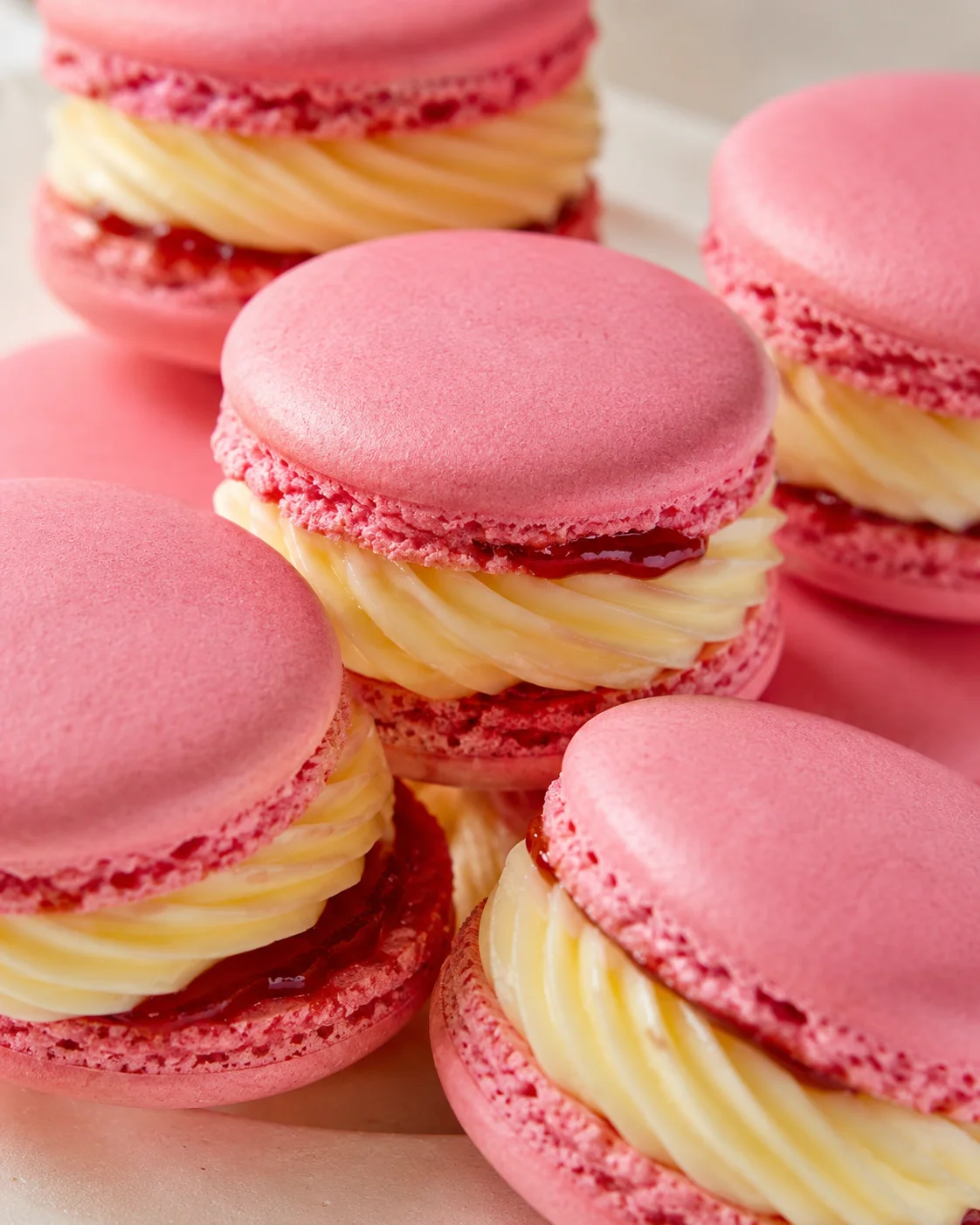 Close-up of pink macarons with pale yellow cream filling and visible red jam