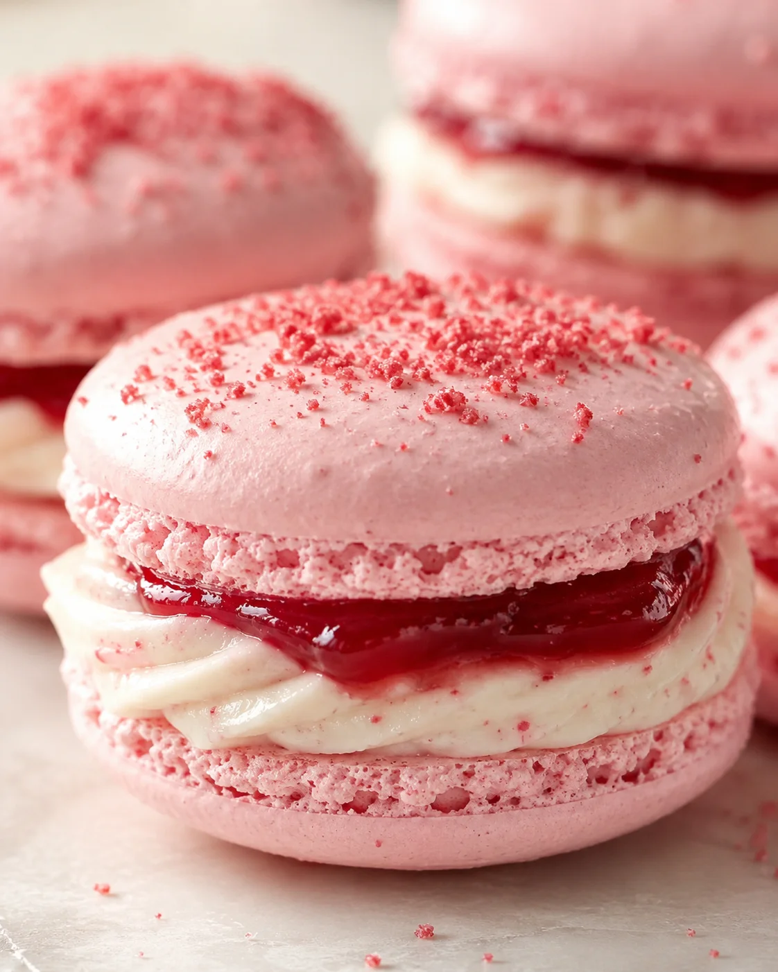 close-up of pink macarons with white cream filling and ruby red jam.