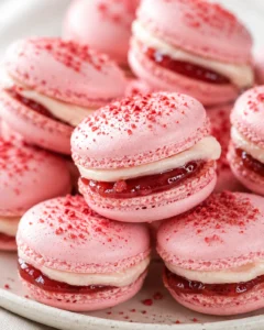 Close-up of pink macarons with raspberry jam filling on a plate