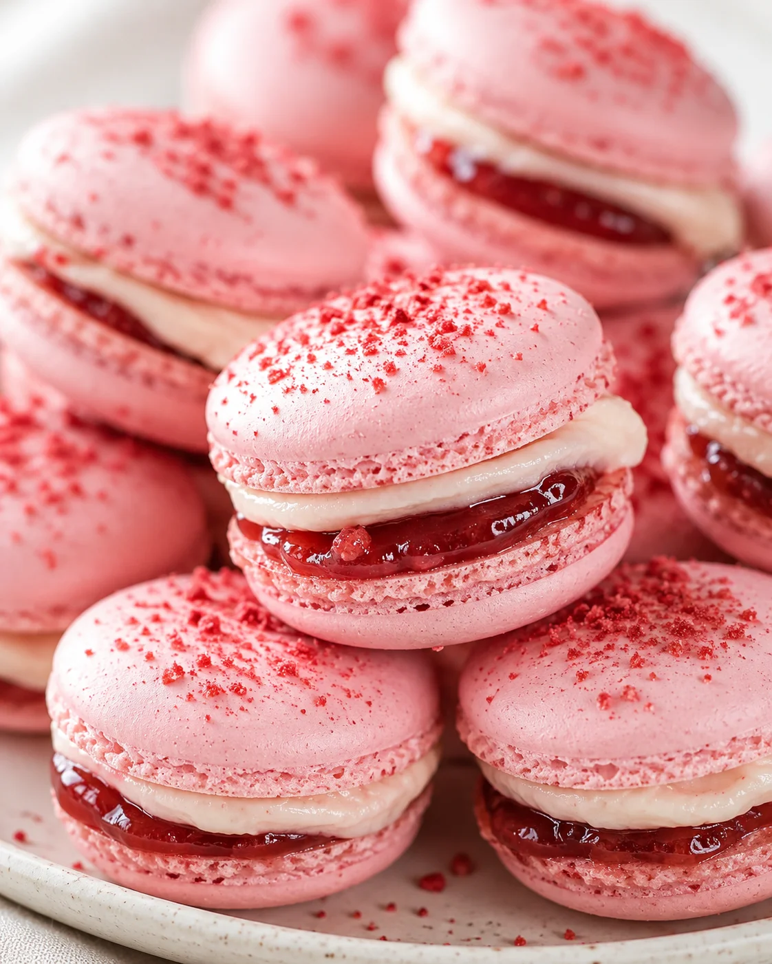 Close-up of pink macarons with raspberry jam filling on a plate
