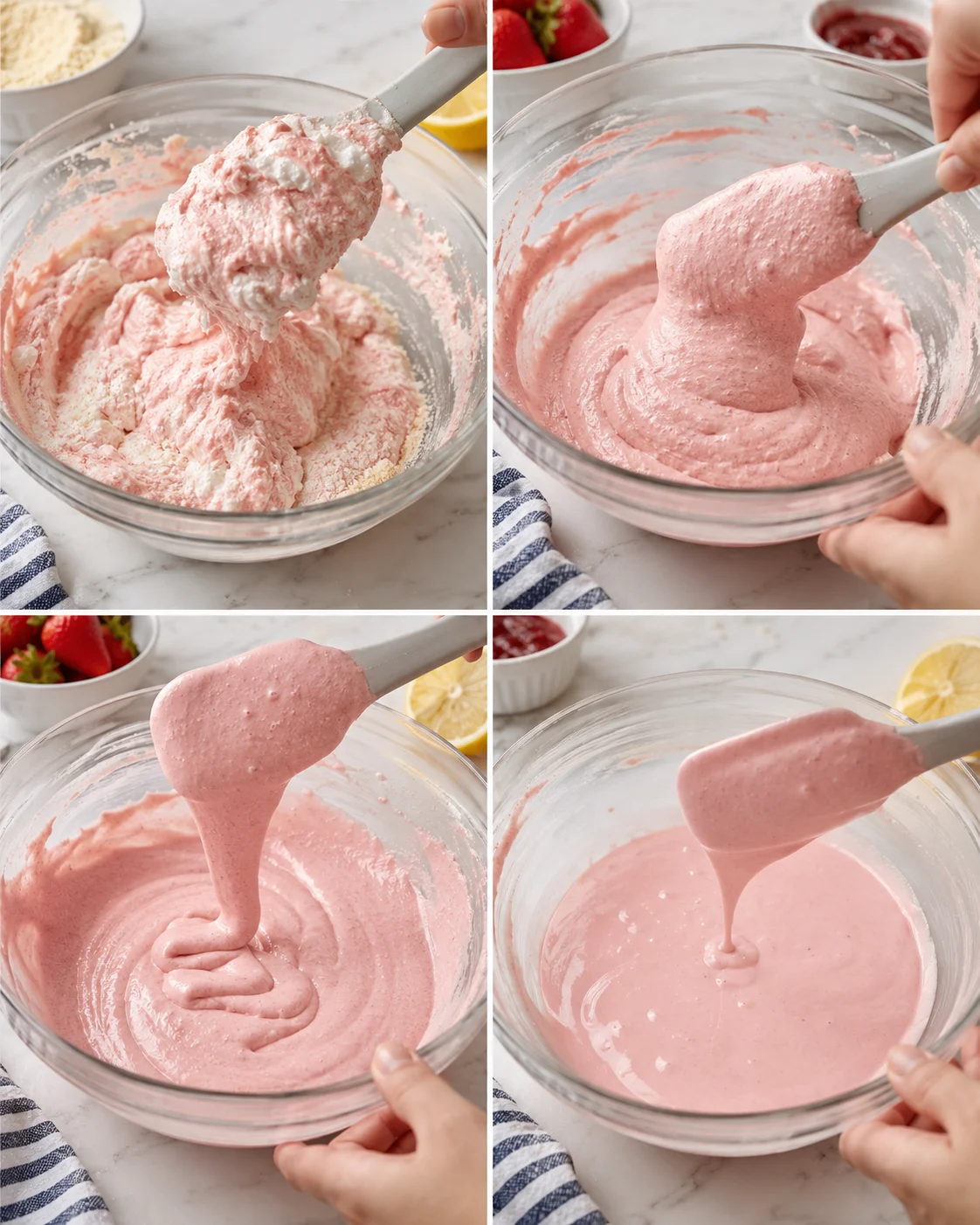 Four-panel collage showing pink strawberry batter being mixed in a glass bowl on a marble counter.