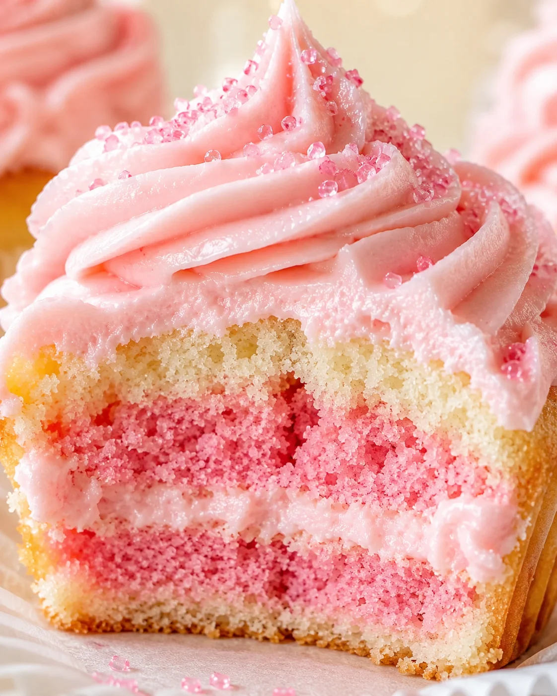 Close-up of a pink frosted cupcake with sugar crystals; cross-section shows pink cake core and vanilla crumb