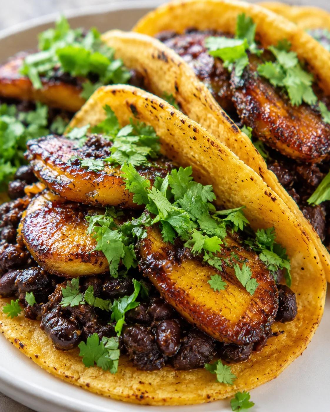 Close-up of golden-brown plantain slices atop black-bean filling in warm tortillas, garnished with fresh cilantro.