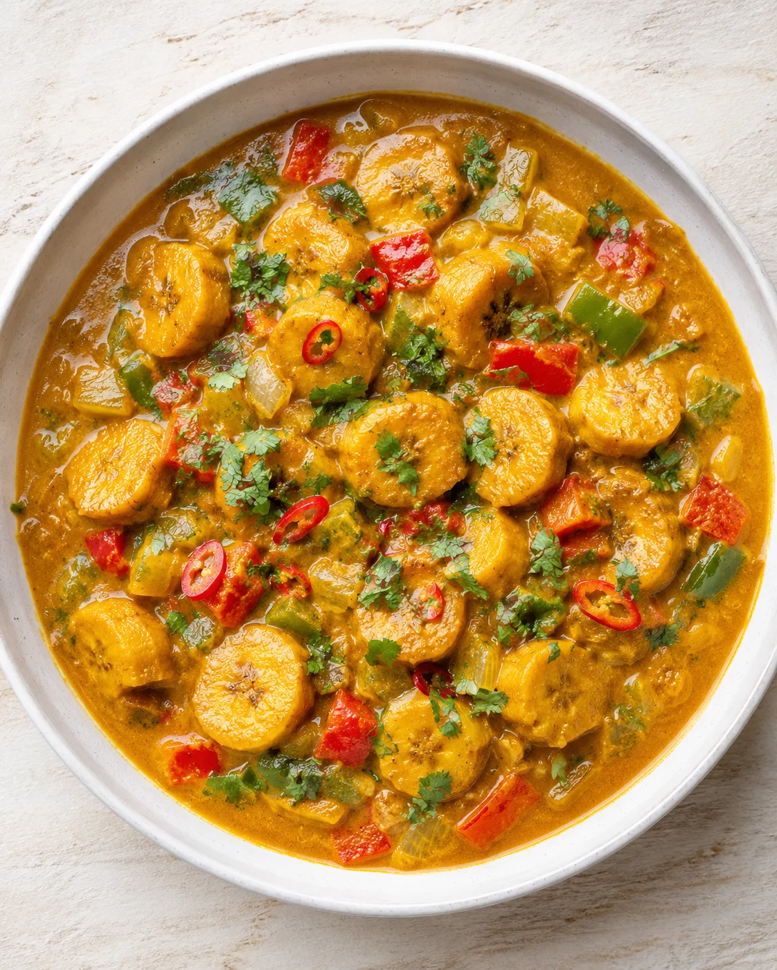 Top-down view of a white bowl containing golden plantain curry with red and green peppers and cilantro.