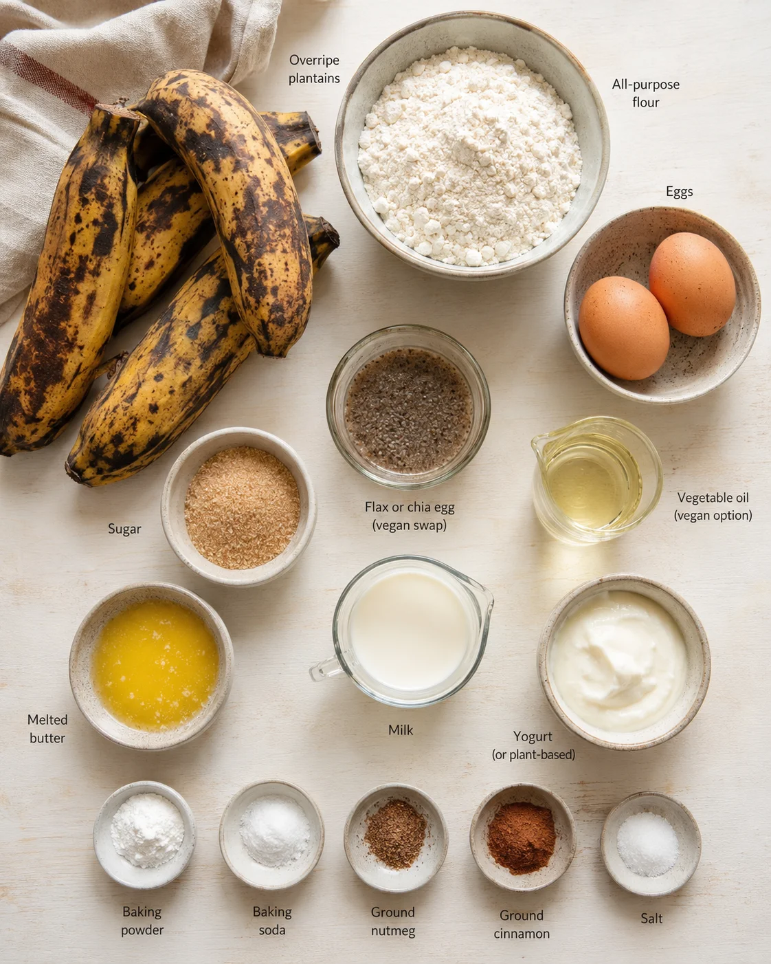 top-down flat lay of overripe plantains and baking ingredients on a light wooden surface