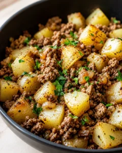 Skillet with browned potato chunks and crumbled ground beef, garnished with chopped parsley.