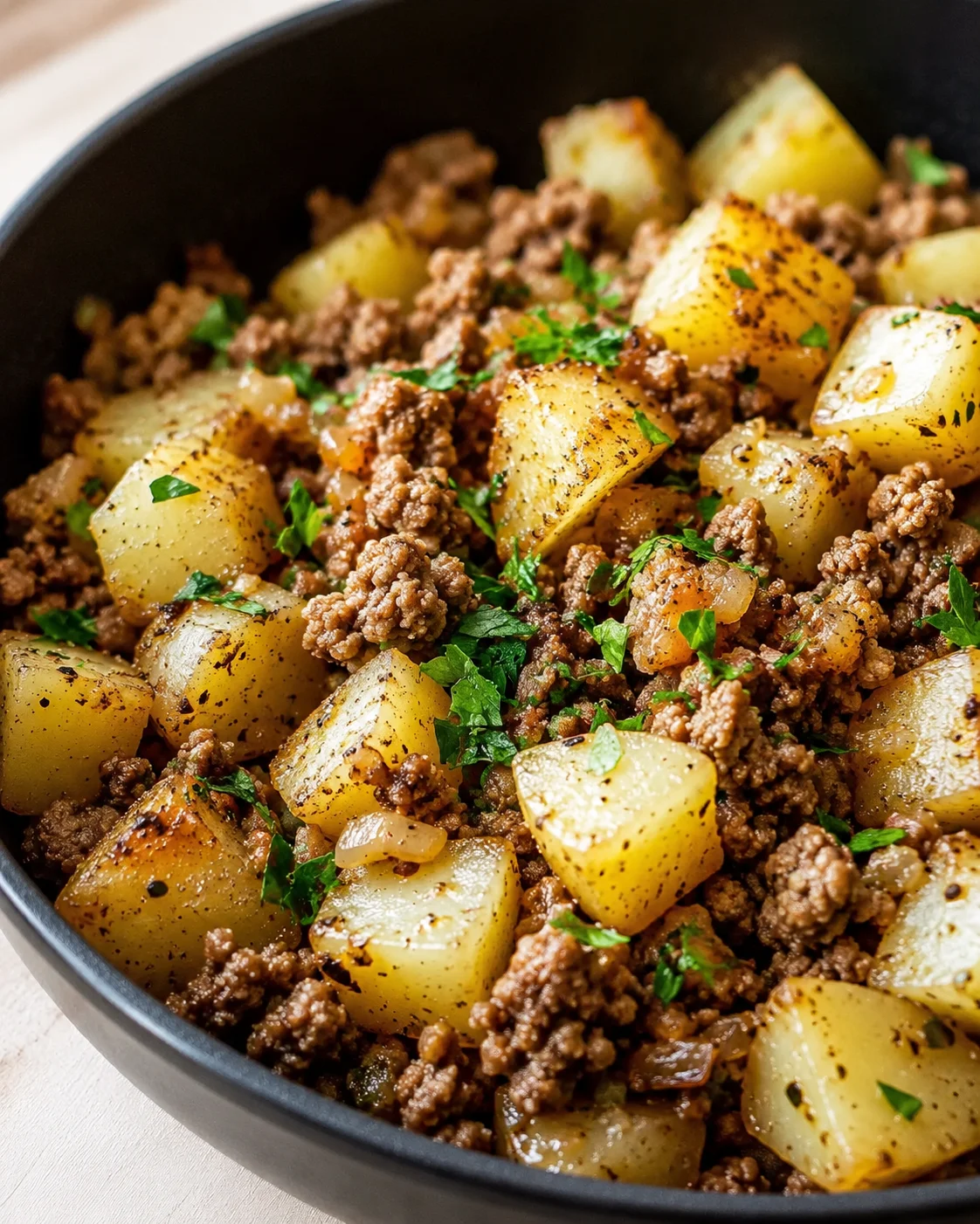 Skillet with browned potato chunks and crumbled ground beef, garnished with chopped parsley.