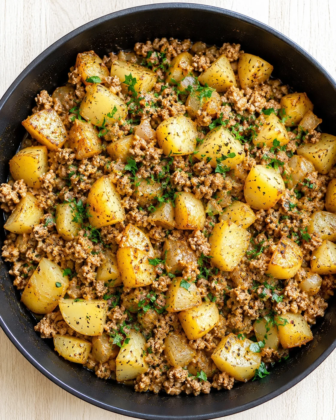Skillet of crispy potato chunks with browned ground beef and parsley.