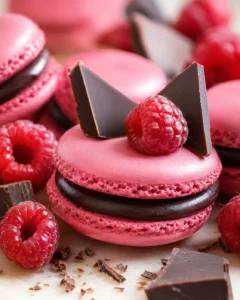 Close-up of pink raspberry macarons with fresh raspberries and dark chocolate shards.