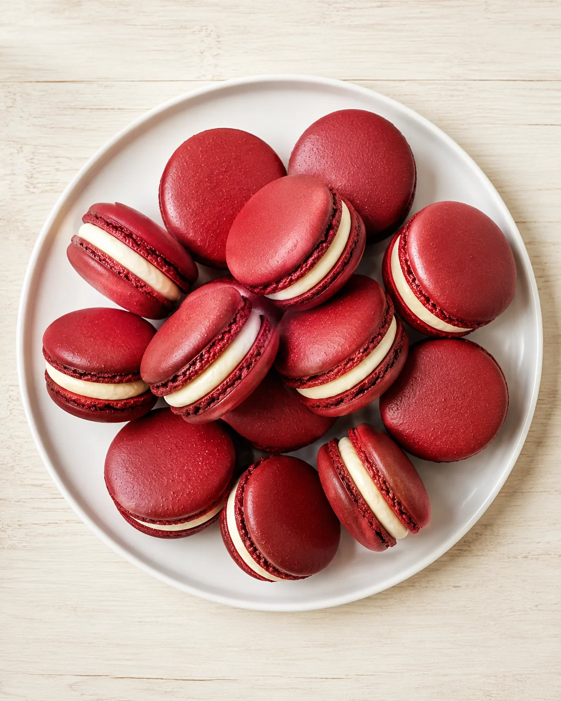 Round red macarons with white filling arranged on a white plate on a pale wooden surface