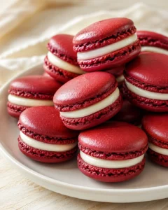 Glossy red macarons filled with white cream on a light plate.