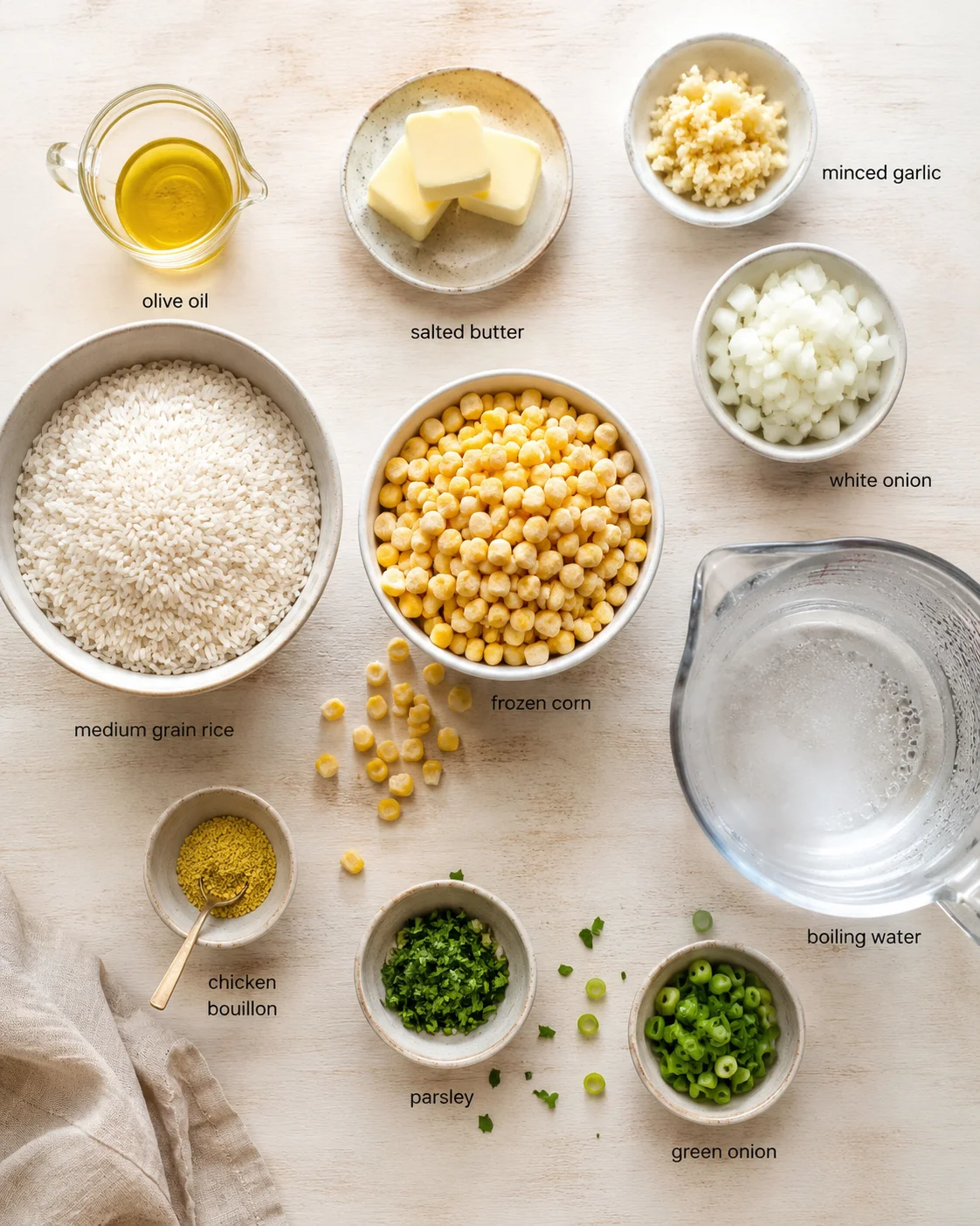 overhead view of assorted ingredients arranged on a light wooden surface with labeled bowls
