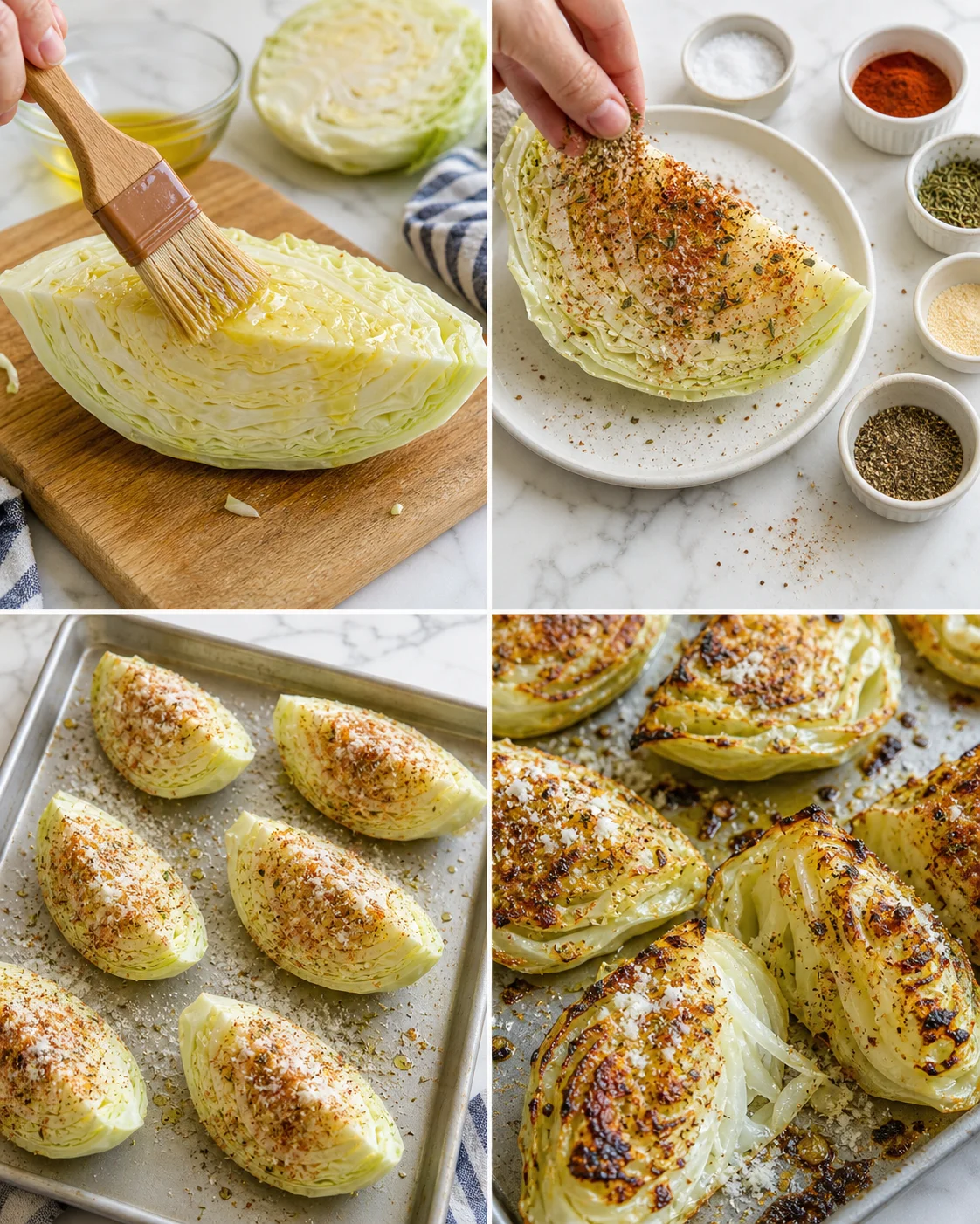 Four-panel collage showing cabbage being brushed with oil, seasoned, and roasted.