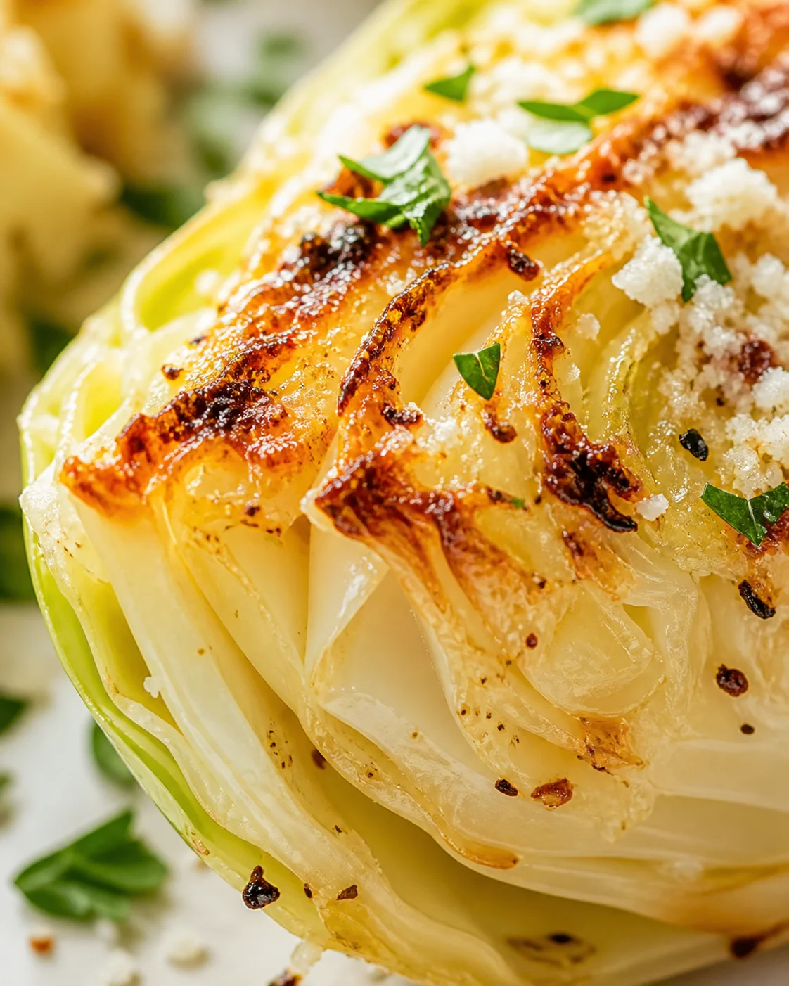 close-up of roasted cabbage wedge with browned edges, crumbs, cheese, and parsley