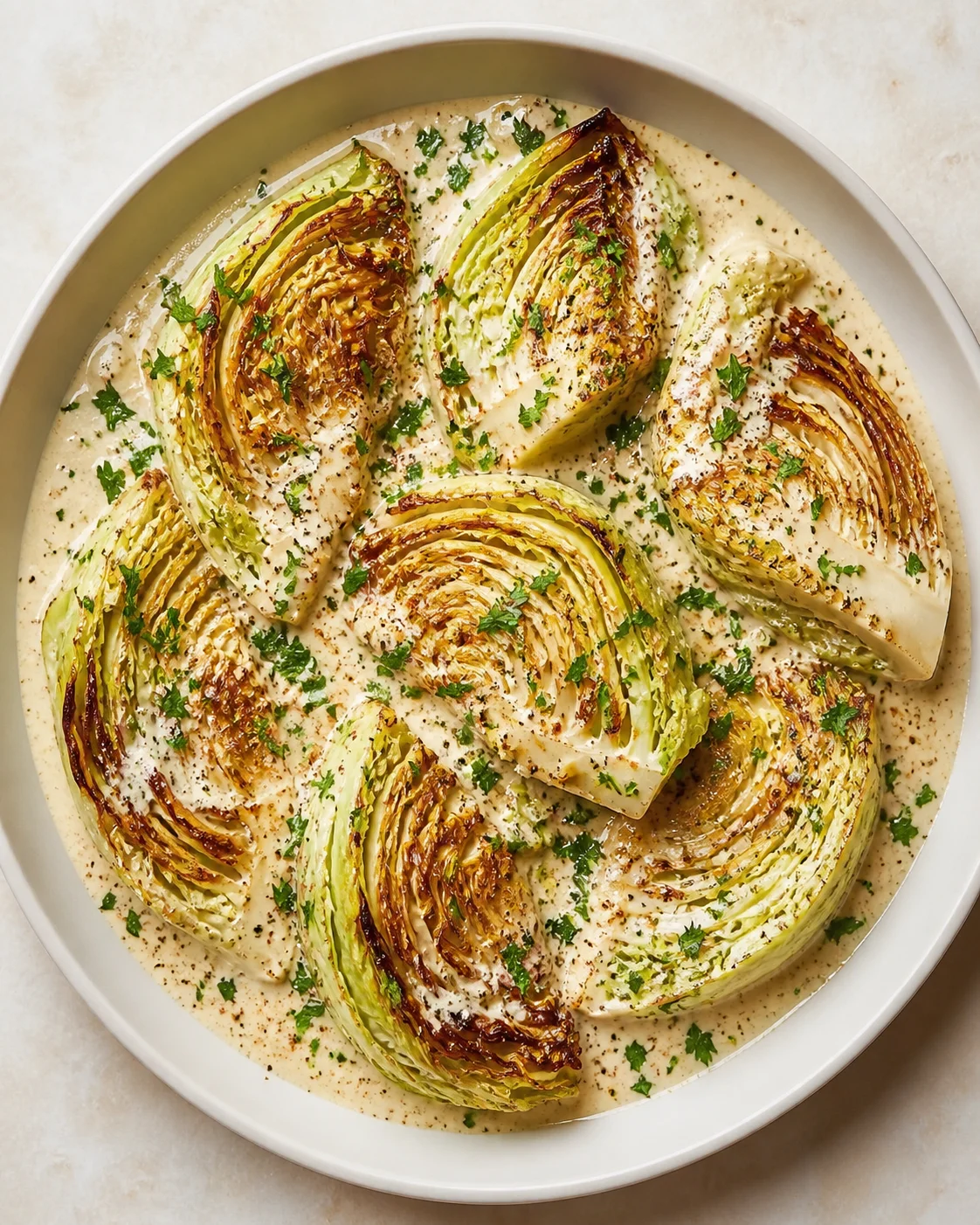 Roasted cabbage wedges in creamy sauce, garnished with chopped parsley.