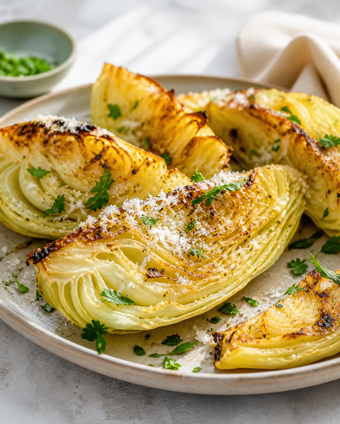 roasted fennel bulbs on a plate, parmesan and parsley garnish, with a green herb dip in background