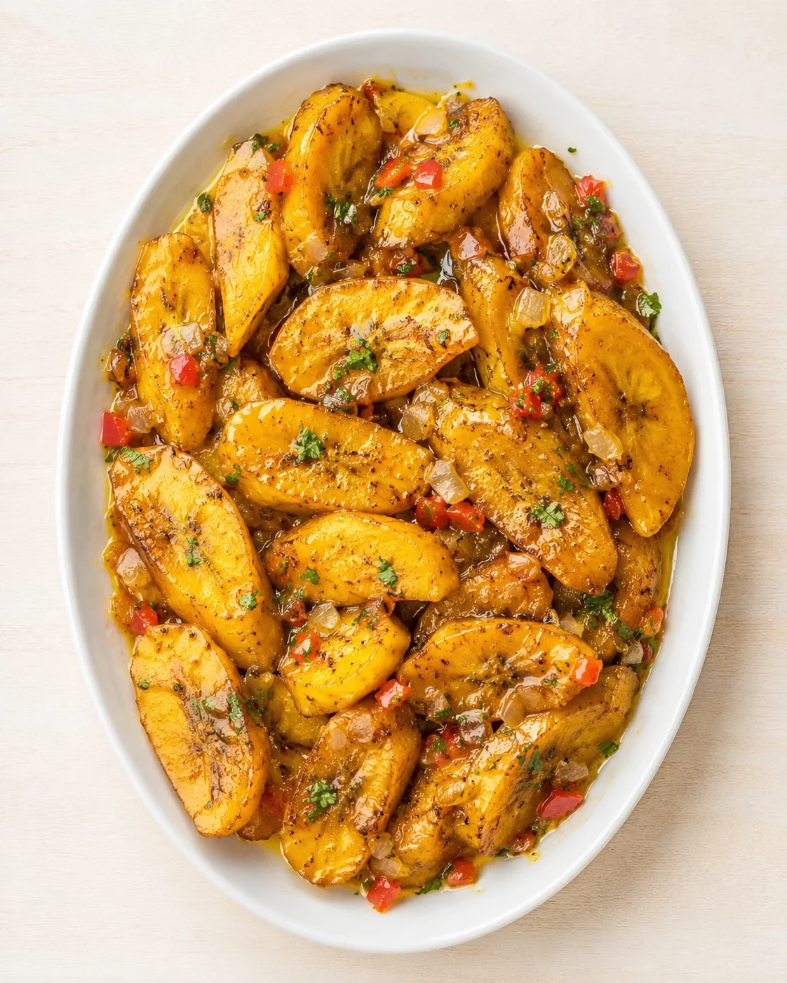 oval white dish of glossy roasted potato wedges with onions, peppers, and herbs