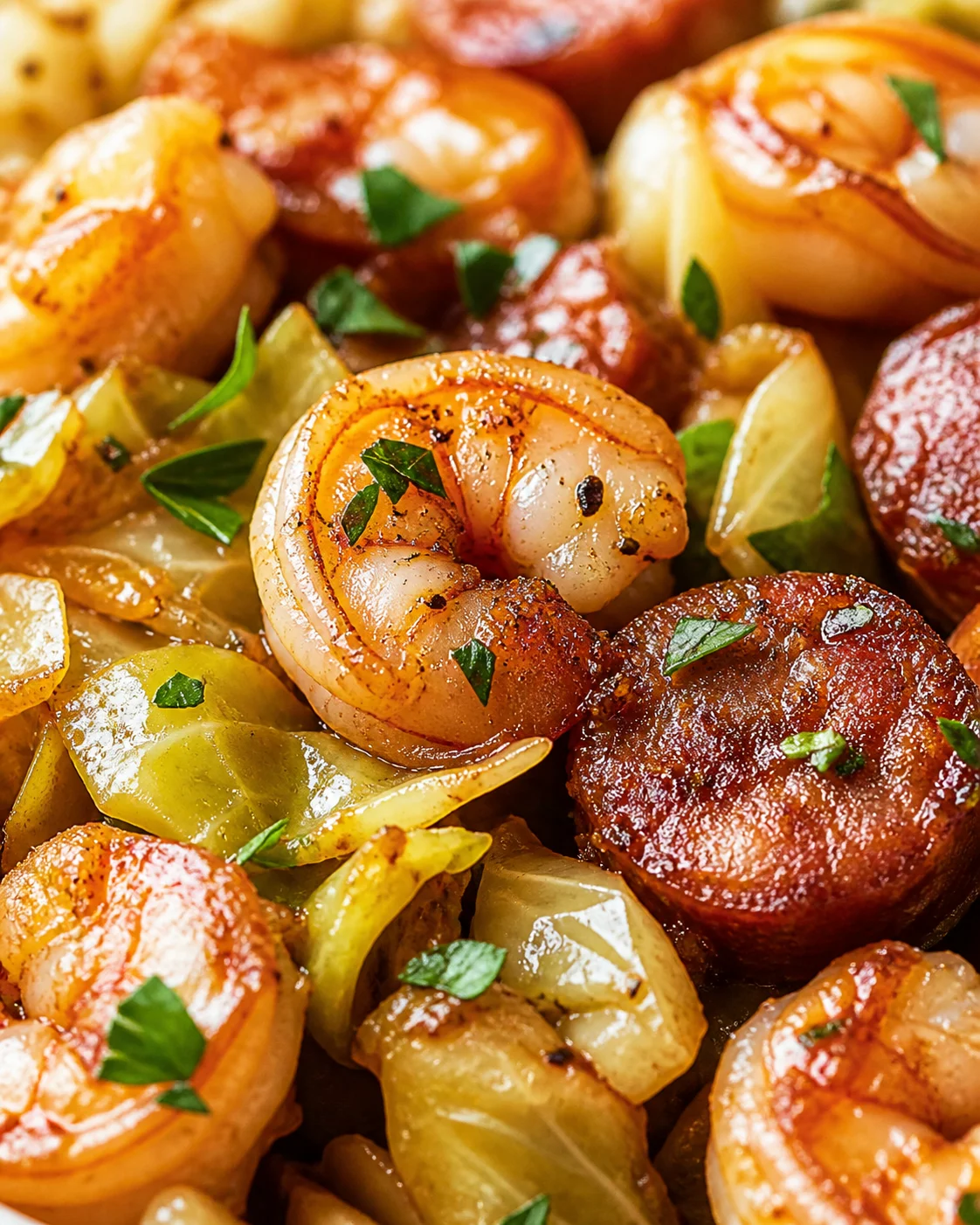 Close-up of glossy roasted shrimp with crisp potatoes, garnished with parsley