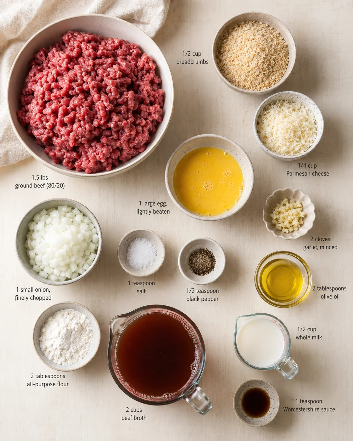 Overhead view of Salisbury steak ingredients arranged on a light wooden surface.