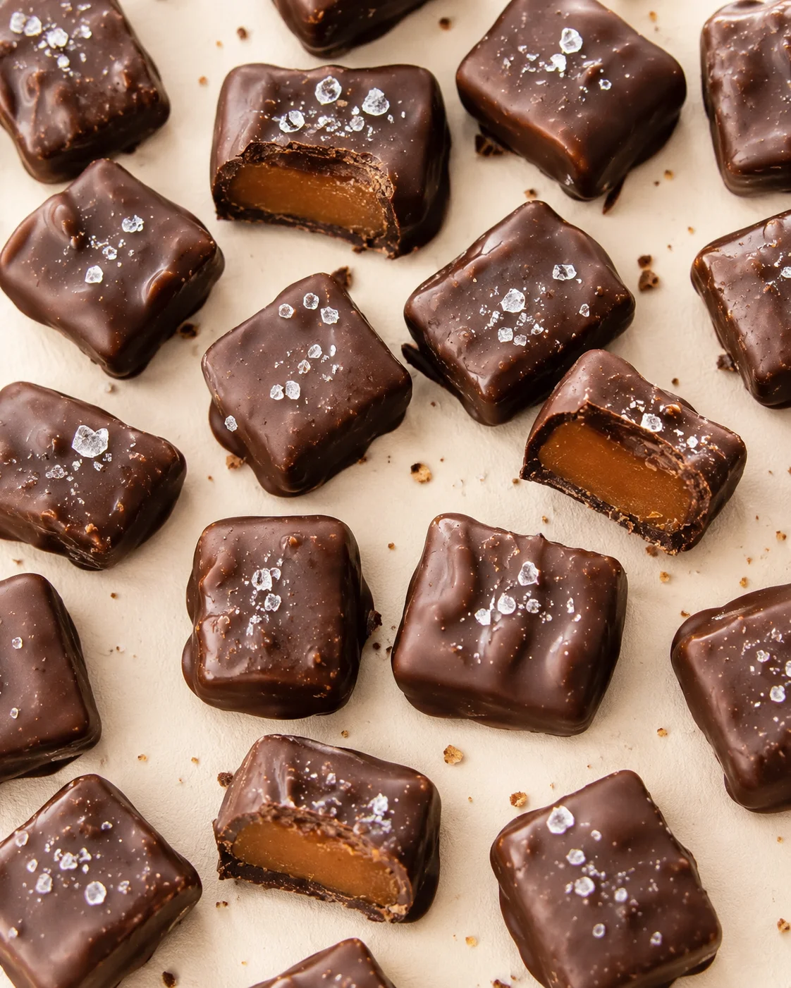 Shiny dark chocolate bonbons topped with sea salt on parchment