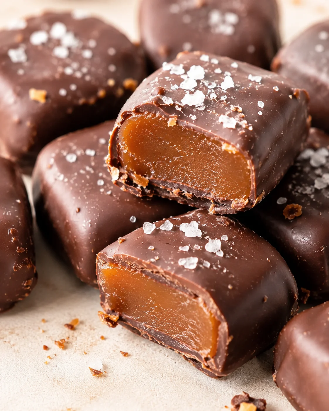 Close-up of glossy chocolate-coated caramels topped with flaky sea salt.
