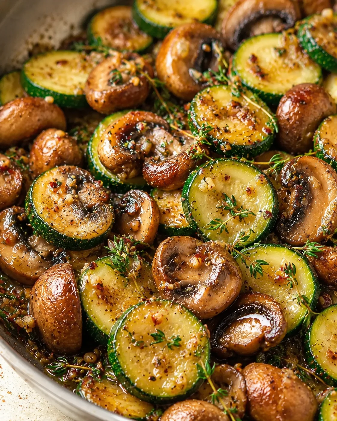 Glazed zucchini rounds and mushrooms caramelized in a pan with herbs
