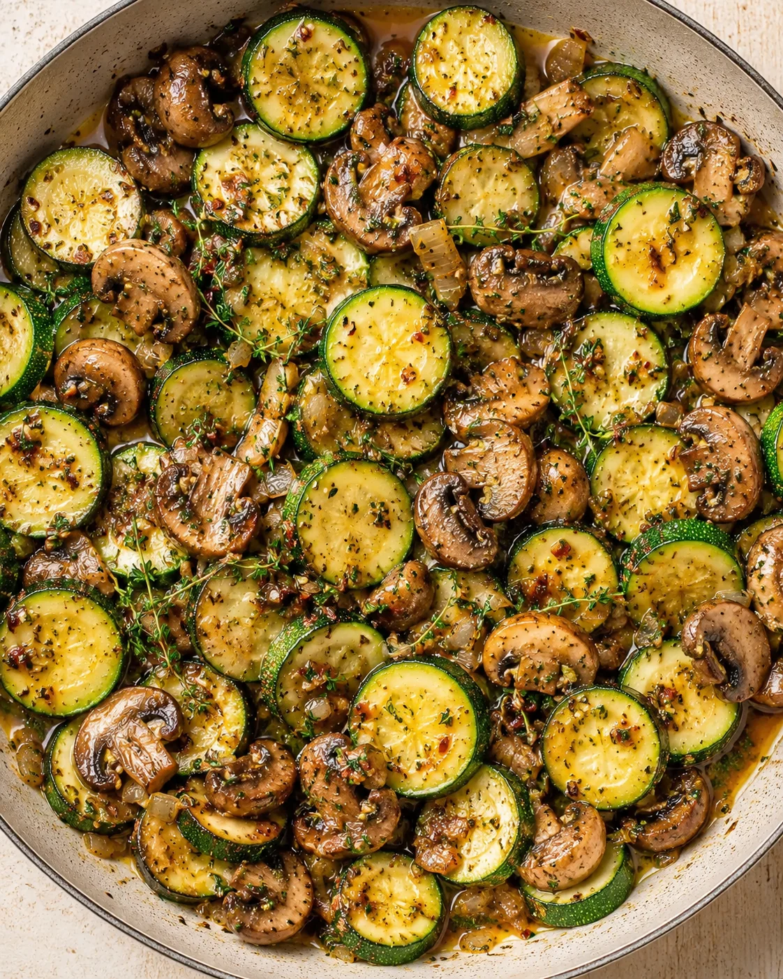Pan of sliced zucchini and mushrooms sautéed with onions, garlic, and herbs in olive oil.