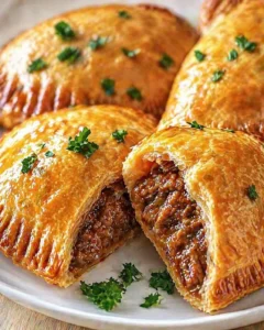 Golden puff pastries with beef filling, garnished with parsley on a plate.