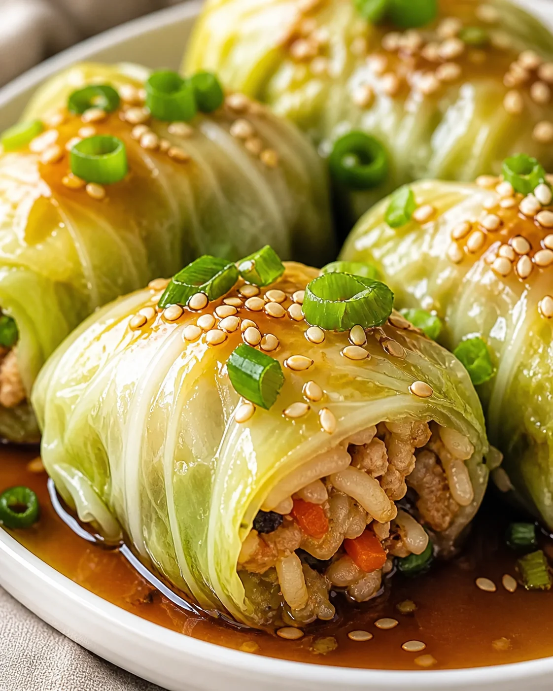 Close-up of cabbage-wrapped rolls stuffed with rice, meat, and vegetables, topped with sesame seeds and green onions.