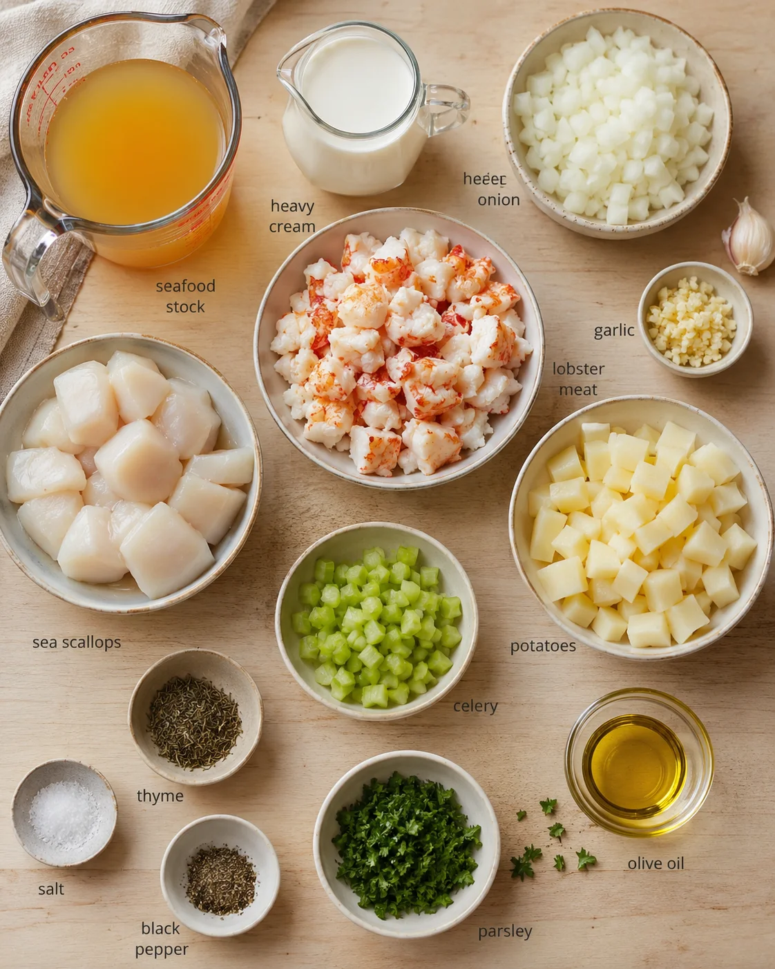 Overhead view of assorted seafood and produce ingredients arranged on a wooden table for a recipe