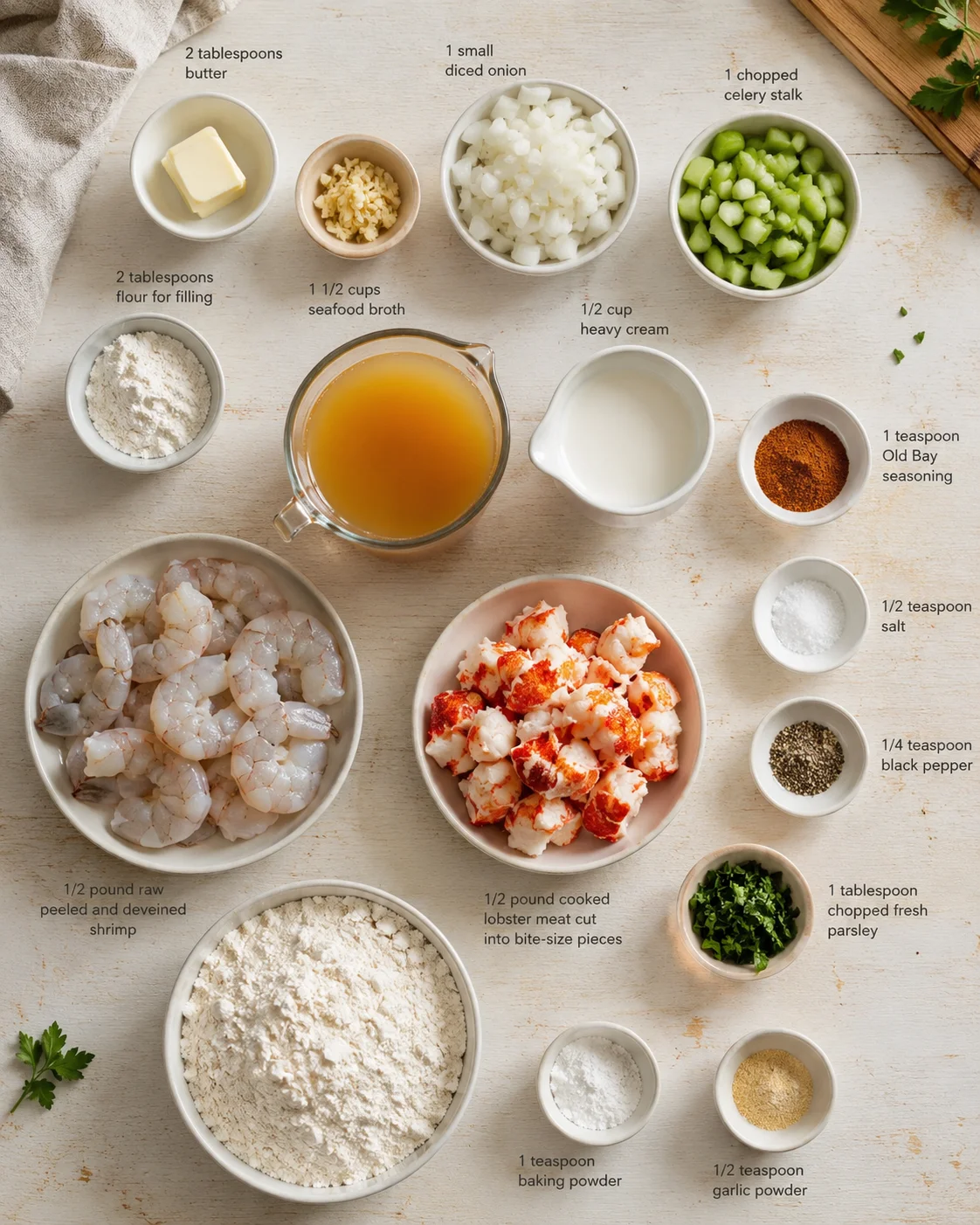 Overhead view of assorted seafood ingredients and seasonings arranged on a light wood surface.
