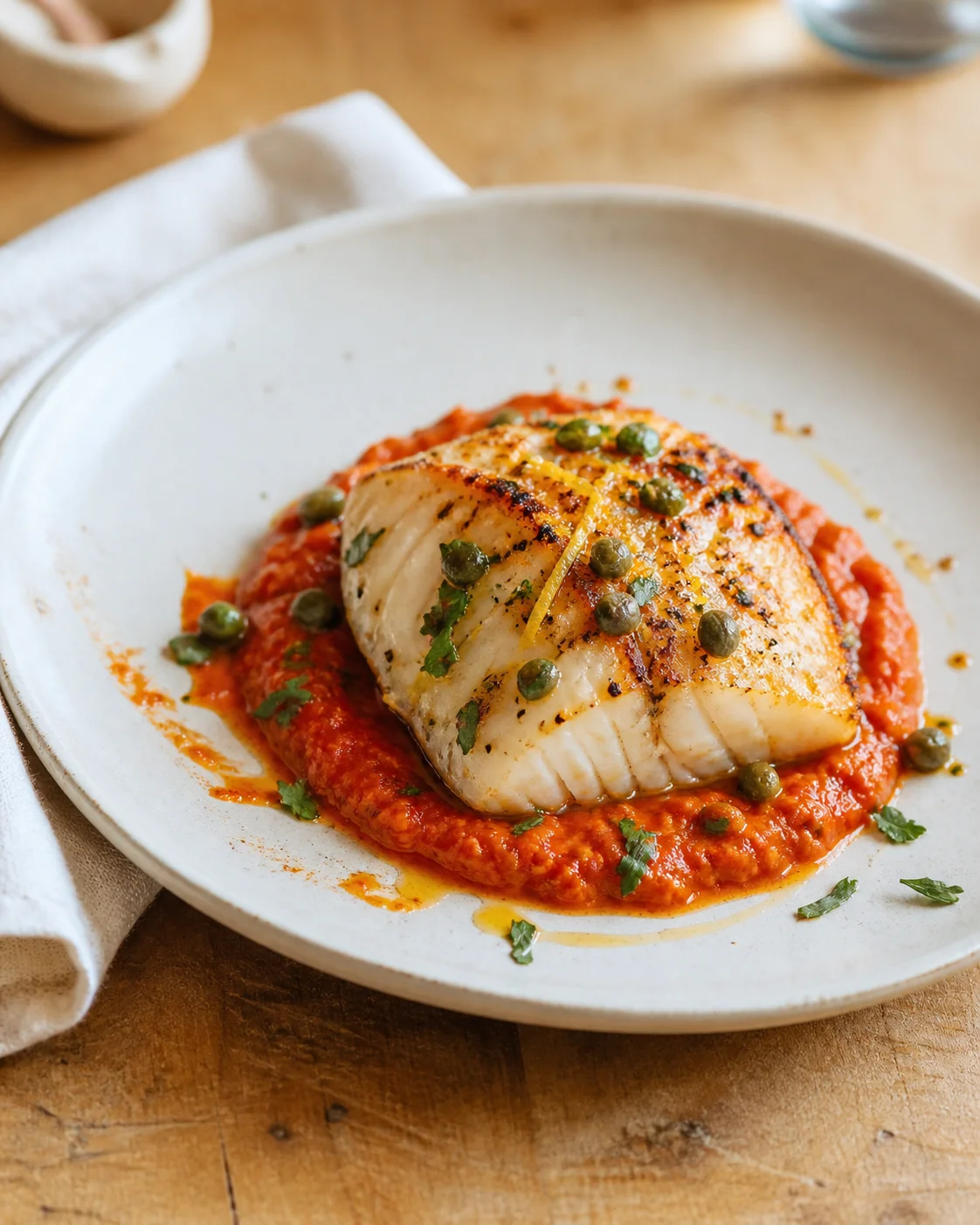 Seared white fish fillet resting on red tomato sauce, garnished with capers and herbs.