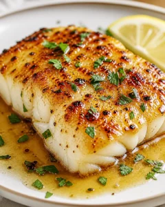 golden-brown seared cod fillet with parsley, served with lemon wedge and buttery sauce