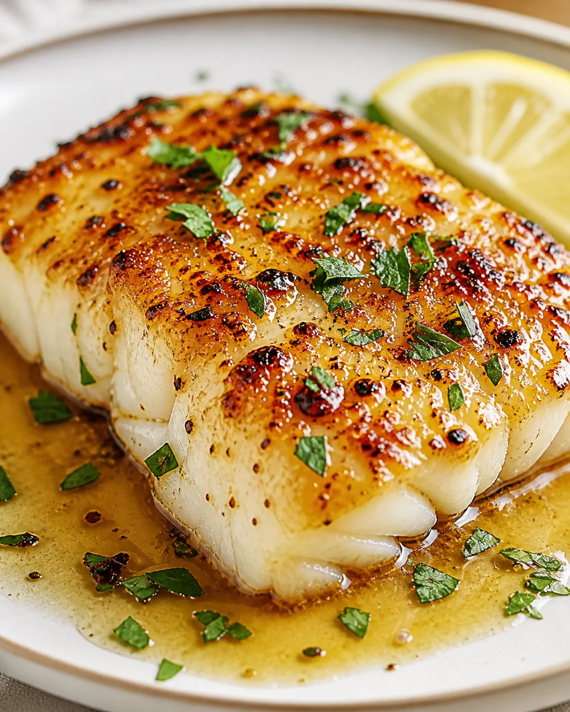 golden-brown seared cod fillet with parsley, served with lemon wedge and buttery sauce