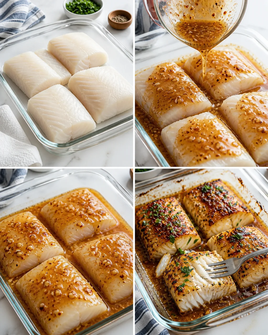 Collage of raw cod fillets and sesame-glazed baked cod in glass dishes